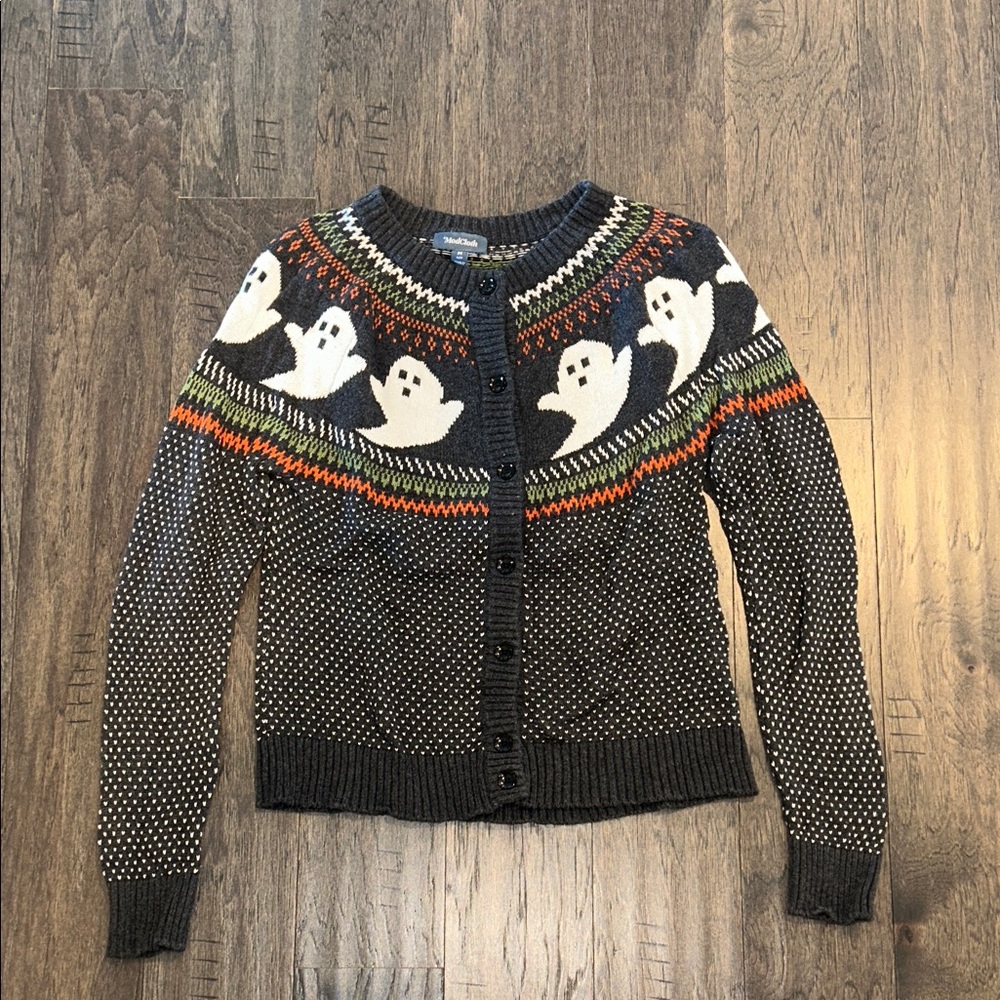 Modcloth Fair Isle Ghost/Halloween Cardigan Sweater, size M
